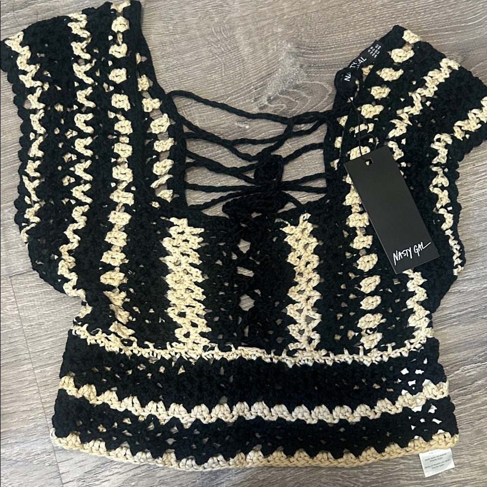Nasty Gal Black and Cream Striped Crochet Crop Top